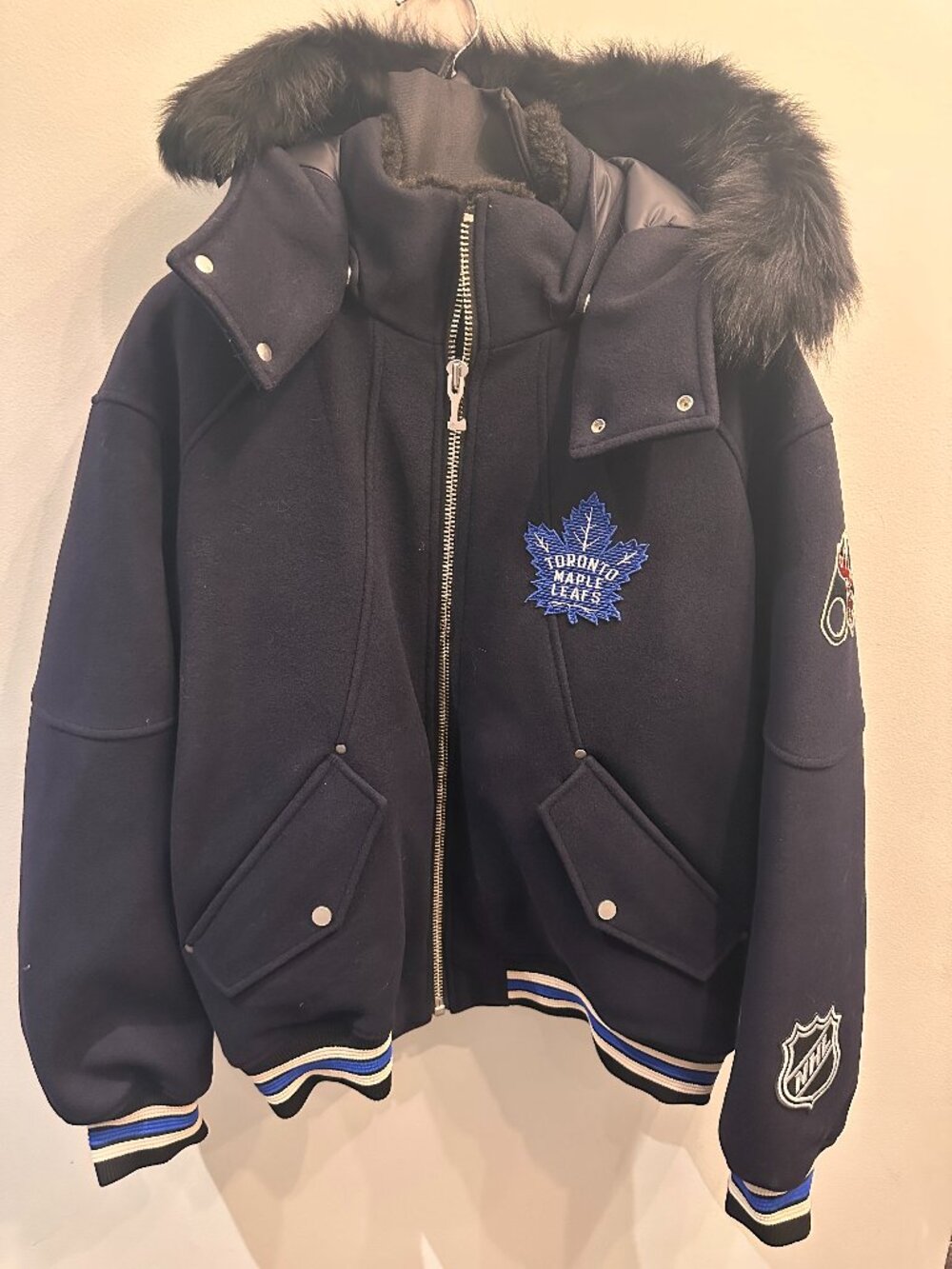 RARE NHL x Moose Knuckles Toronto Maple Leafs Bomber Jacket Blue Large